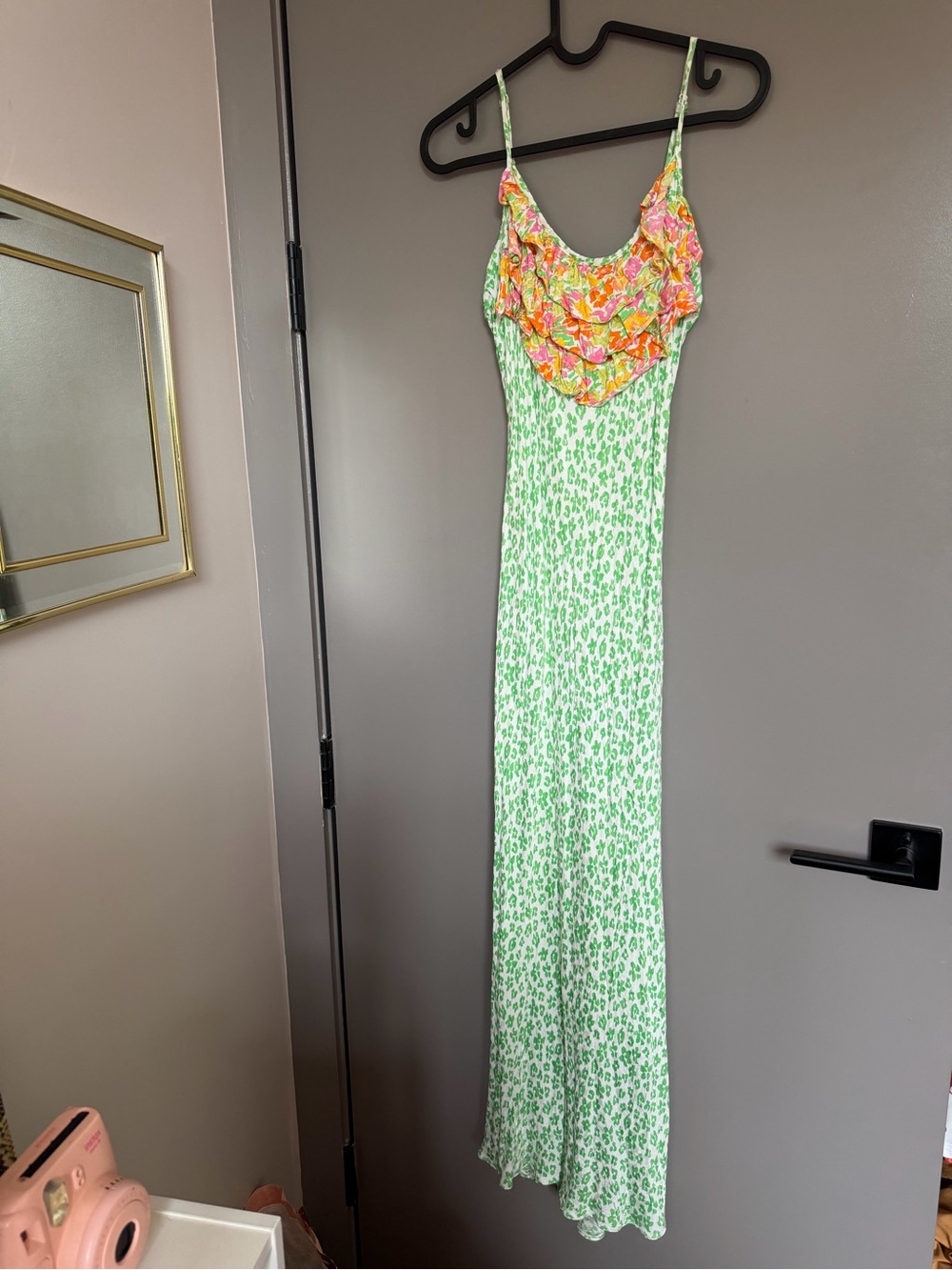 RIXO Green Floral Maxi Dress with Pink and Orange Ruffle